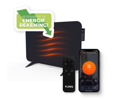 Zwarte FlinQ Smart Indoor Infrarood Heater 450W met rode warmtegolven, inclusief afstandsbediening en smartphone-app die 25 graden temperatuurinstelling toont.