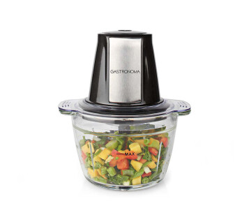 Gastronoma Minihakmolen 500W met glazen hakkom gevuld met groente – stijlvolle hakmolen met RVS behuizing.