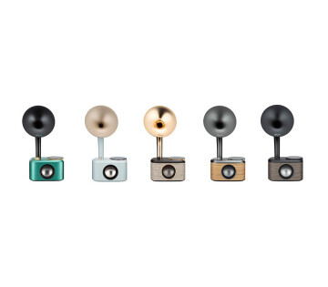 Vijf Sangean CP-100D Bluetooth-speakers in diverse kleuren naast elkaar op een witte achtergrond.