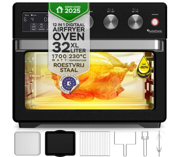 TurboTronic airfryer oven zwart in zwarte uitvoering met 32 liter capaciteit en krachtige 1700 watt prestaties.