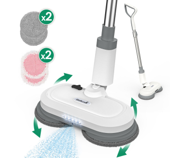 GoScrub® draadloze elektrische dweil met sprayfunctie, LED-licht en extra meegeleverde dweilpads voor grondige vloerreiniging.