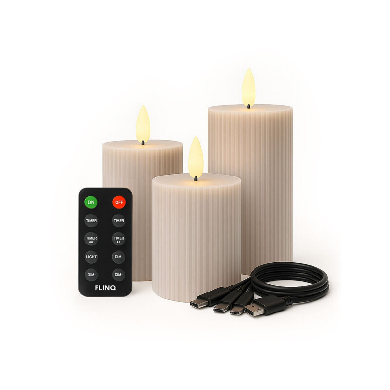 Set van 3 FlinQ Oplaadbare LED Kaars met Rib met afstandsbediening en oplader.