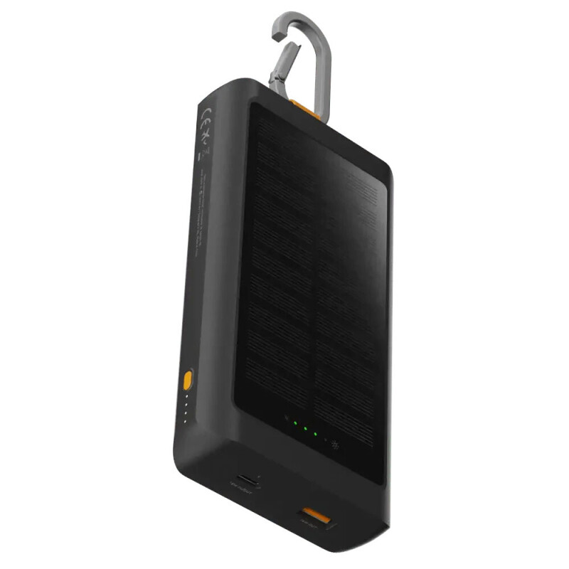 Xtorm powerbank 10.000 mAh met karabijnhaak en robuuste behuizing in zwart.
