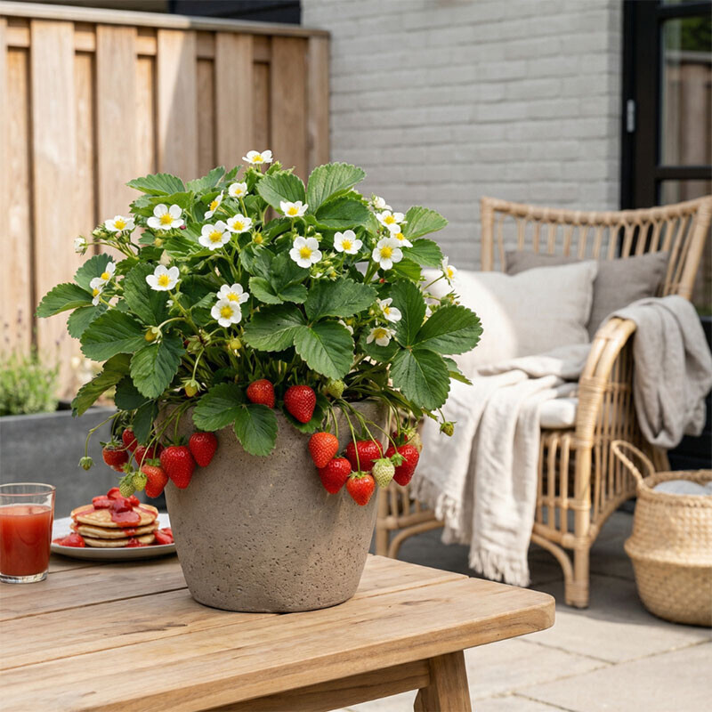 Aardbeienplant in pot op terras met bloei en rijpe vruchten