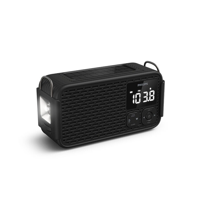 Philips draagbare noodradio met ingebouwde zaklamp en digitaal scherm voor noodsituaties en buitengebruik.