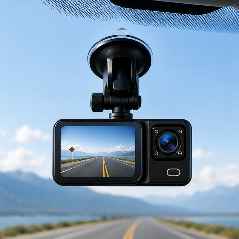 De Denver CCT-2500 Dashcam met Dubbele Camera hangt in de auto.