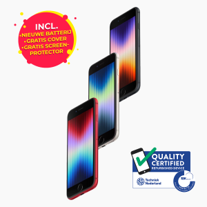 De Refurbished Apple iPhone SE 2022 in 3 verschillende kleuren met tijdelijke deal sticker en refurbished sticker.