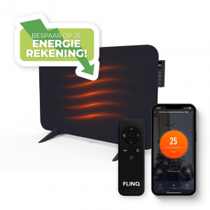 Zwarte FlinQ Smart Indoor Infrarood Heater 450W met rode warmtegolven, inclusief afstandsbediening en smartphone-app die 25 graden temperatuurinstelling toont.