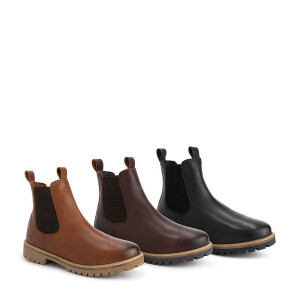 Drie kleuren Travelin Randaberg chelseaboots voor heren – lichtbruin, donkerbruin en zwart, van hoogwaardig leer. 