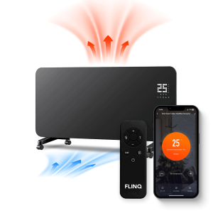 FlinQ Slimme HeatFlow Paneelverwarming in zwart met afstandsbediening.