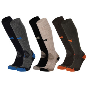 Set van drie paar Merino wol compressiekousen in verschillende kleuren – zwart/blauw, beige/zwart en bruin/oranje.