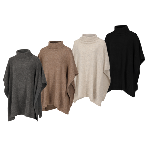Heat Essentials Gebreide Dames Poncho in vier verschillende kleuren met model.