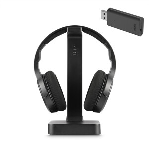 Zwarte draadloze tv-hoofdtelefoon op oplaadstation met USB-dongel &ndash; Hama model voor ruisvrije tv-ervaring.