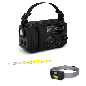 De Philips TAR-1609 AM/FM Noodradio met Zaklamp en gratis hoofdlamp.