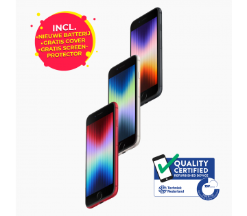 De Refurbished Apple iPhone SE 2022 in 3 verschillende kleuren met tijdelijke deal sticker en refurbished sticker.