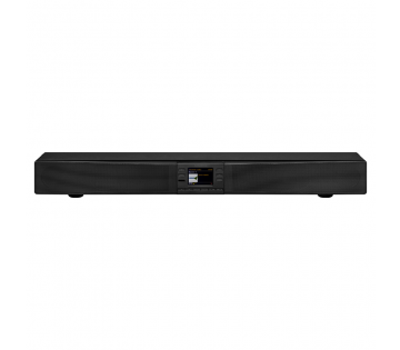 De voorkant van de Sangean SB-100 Soundbar met Afstandsbediening. De voorkant van de Sangean SB-100 Soundbar met Afstandsbediening.