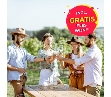 4 mensen staan in een wijngaard en proeven een witte wijn. 
