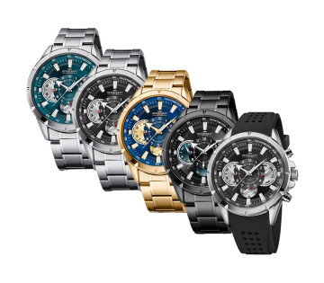 Groepsfoto van vijf Rotorcraft Savage horloges in verschillende uitvoeringen: zilverkleurig met blauwe wijzerplaat, zilverkleurig met zwarte wijzerplaat, goudkleurig met blauwe wijzerplaat, zwart met blauw-zwarte wijzerplaat en zilverkleurig model met zwa