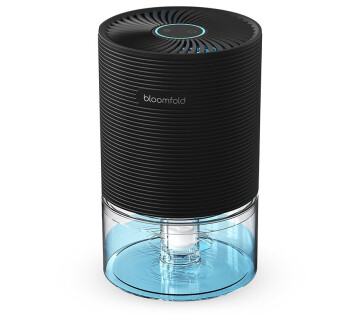 Bloomfold compacte luchtontvochtiger in zwart met transparante blauwe watertank, staand op een witte achtergrond.