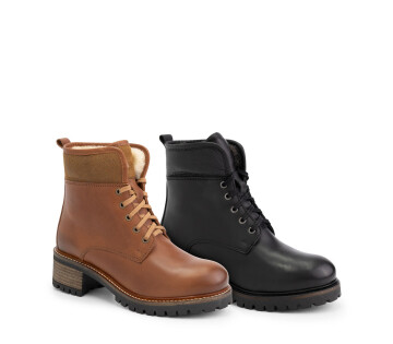 Mysa Dames Veterlaarzen Daphne in cognac en in zwart.