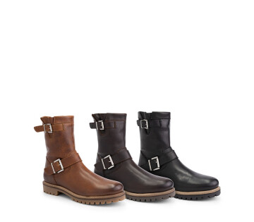 Travelin’ motorboots in cognac, donkerbruin en zwart met gespen en profielzool.