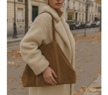 Bruine suède DSTRCT shopper gedragen door vrouw in beige teddyjas op straat