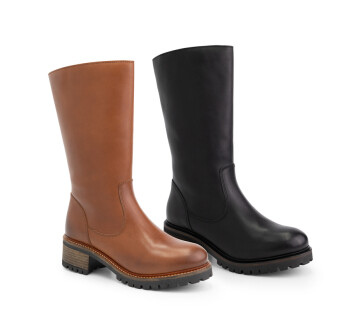 Twee varianten van de Mysa Dianthe leren dameslaars, in cognacbruin en zwart, met stevige profielzool en hak, gefotografeerd op een witte achtergrond.