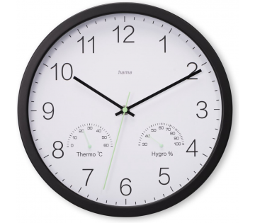 Hama Wandklok Santorini met Thermo- en Hygrometer van de voorkant. Hama Wandklok Santorini met Thermo- en Hygrometer van de voorkant.