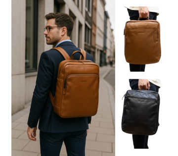 DSTRCT Lederen Rugtas met Laptopvak in zwart en cognac.