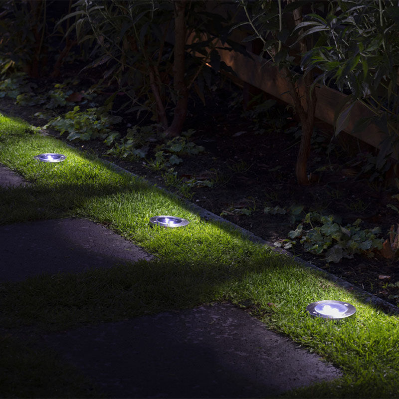 Aan de zijkant van een tuinpad zitten 4 grondspots in de tuin geduwd. 