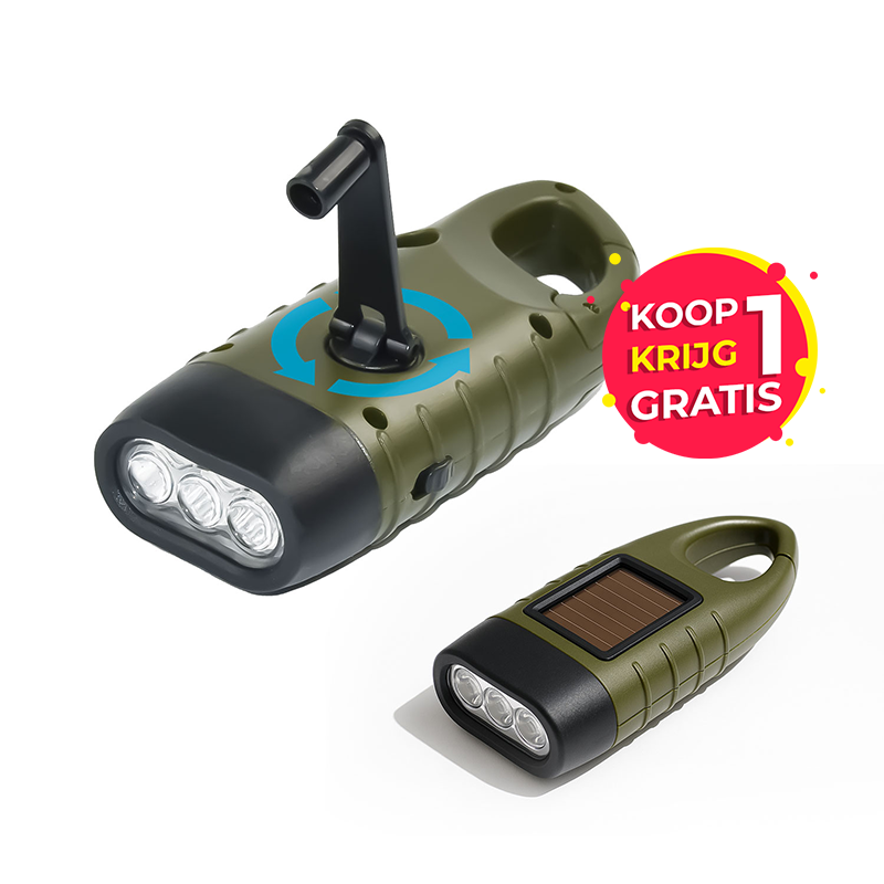 De 1 + 1 GRATIS! FlinQ Solar Survival Zaklampen.