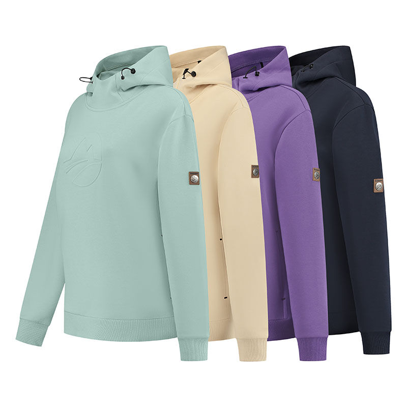 Travelin’ Maren hoodie in meerdere kleuren – groen, zand, paars en marineblauw naast elkaar.