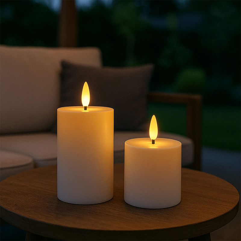 Set van 2 FlinQ Oplaadbare LED Outdoor Kaarsen in wit.