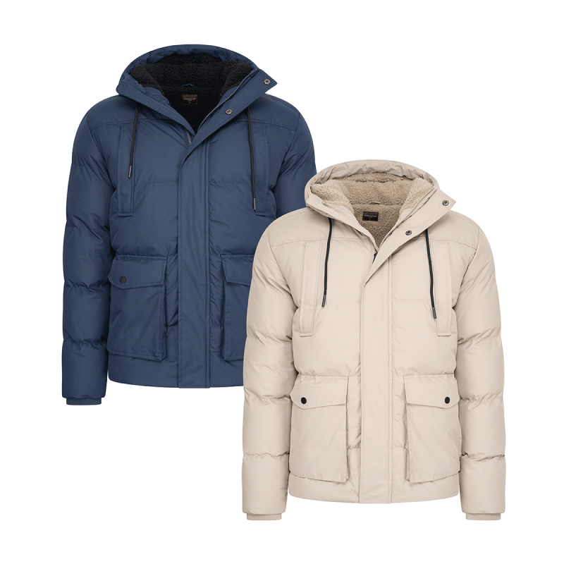 Cappuccino Gewatteerde Jas Sondrio in marineblauw en beige.