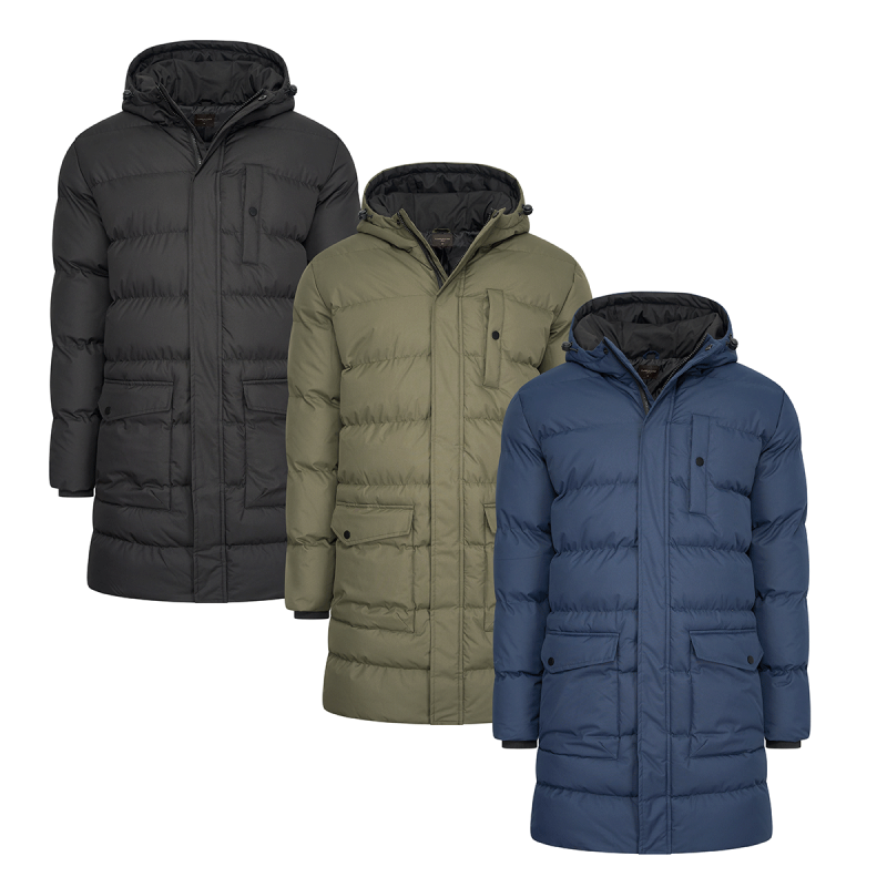 Cappuccino Gewatteerde Parka Sesto in zwart kaki en marineblauw.