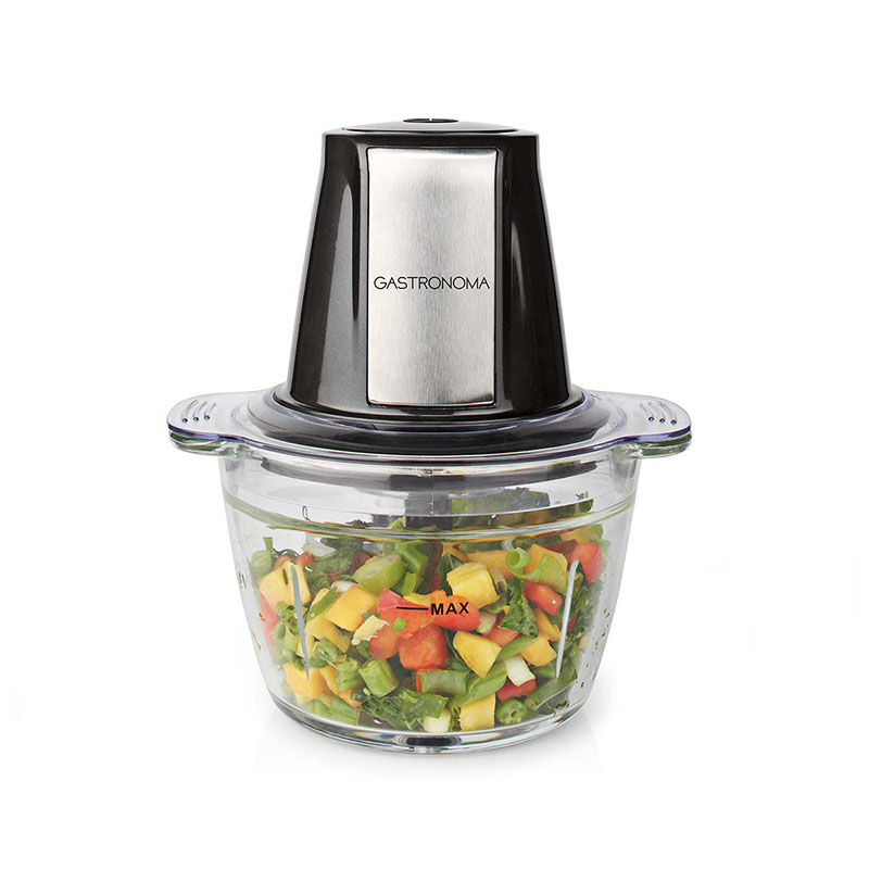 Gastronoma Minihakmolen 500W met glazen hakkom gevuld met groente – stijlvolle hakmolen met RVS behuizing. Gastronoma Minihakmolen 500W met glazen hakkom gevuld met groente – stijlvolle hakmolen met RVS behuizing.