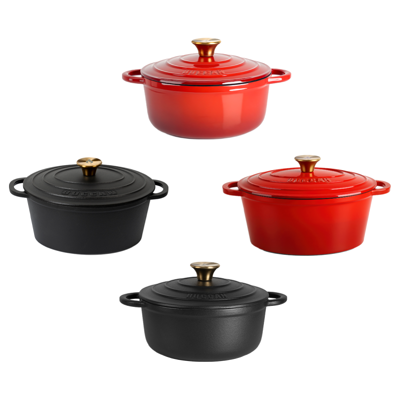 Buccan Premium Gietijzeren Braadpannen in 2 verschillende kleuren en 2 verschillende formaten.