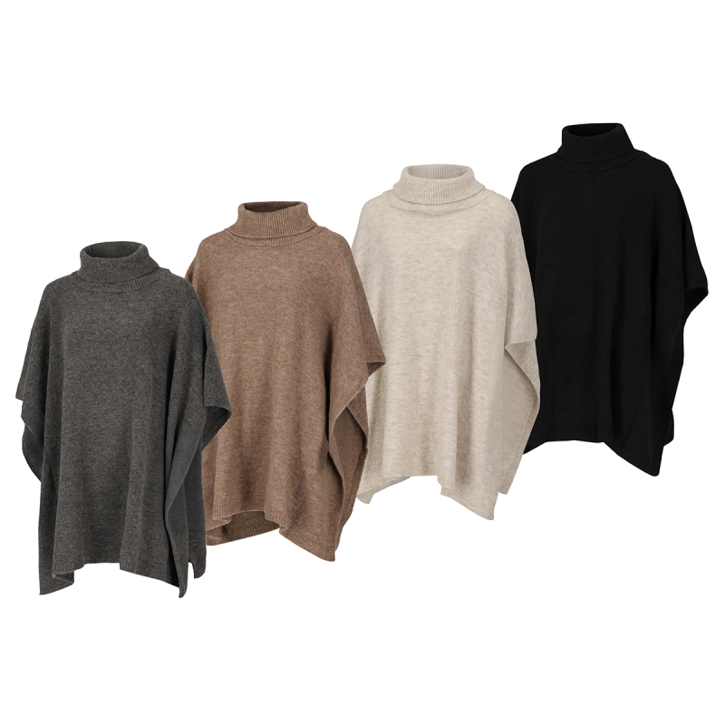 Heat Essentials Gebreide Dames Poncho in vier verschillende kleuren met model.