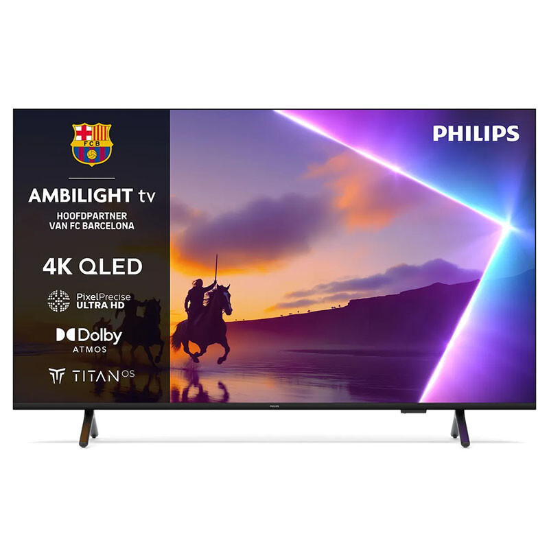 Philips 50PUS8500 Ambilight TV met 4K QLED-display, Pixel Precise Ultra HD en Dolby Atmos, weergegeven met kleurrijke Ambilight-verlichting en FC Barcelona-logo.