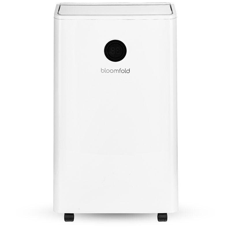 Frontale productfoto van de witte Bloomfold luchtontvochtiger met digitaal display.