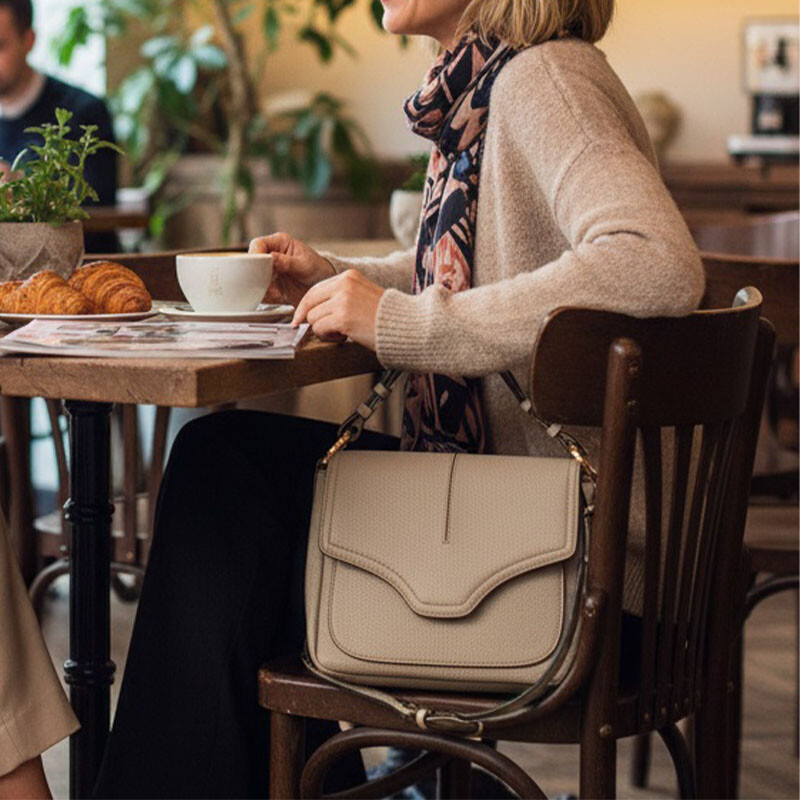 Beige DSTRCT Floater Field schoudertas aan een stoel in een café tijdens een koffiemoment.