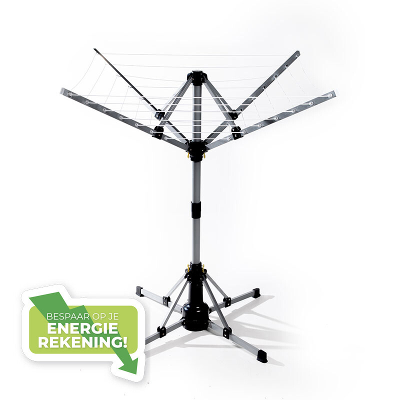 EzeeSpinner Deluxe droogrek volledig uitgeklapt met roterende armen en waslijnen