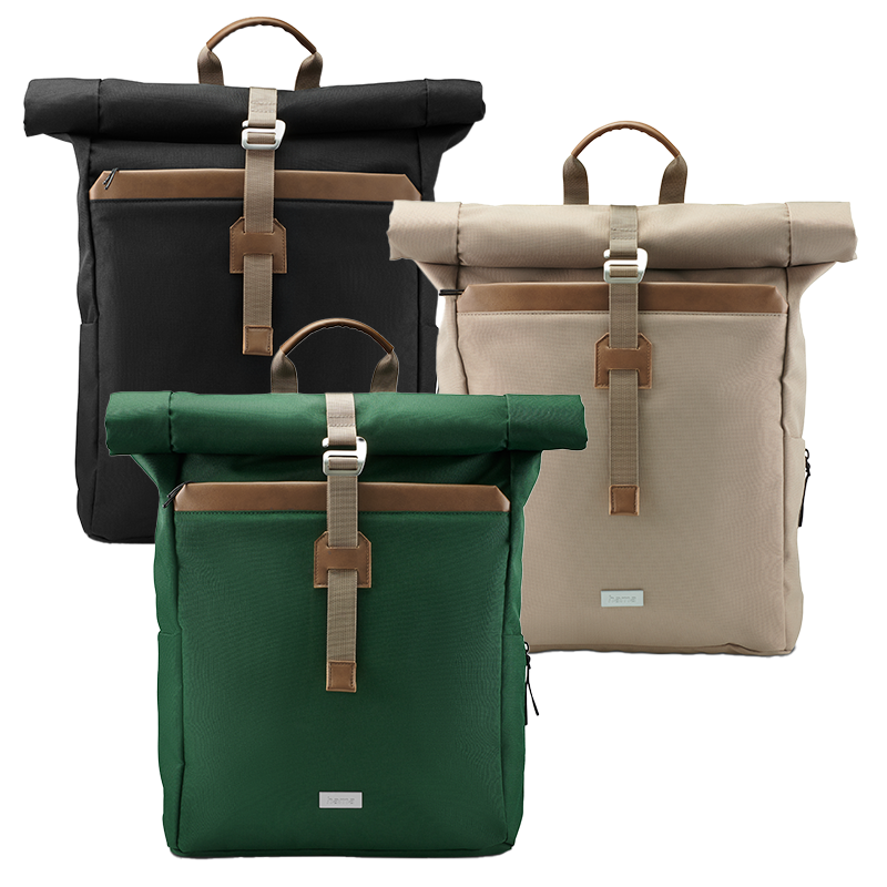 Rolltop rugzak in zwart, groen en beige met leren details