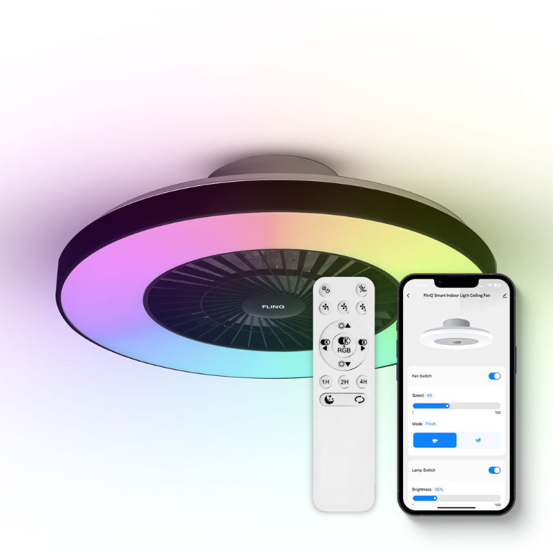 FlinQ Slimme Plafondventilator in actie met afstandsbediening en app.