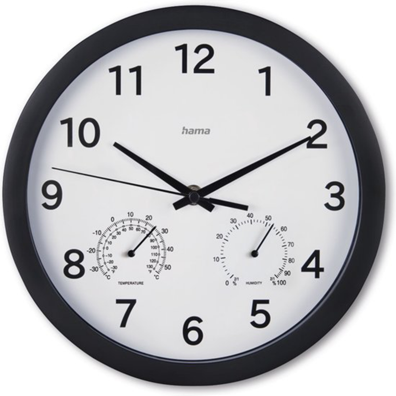 Hama Wandklok Malta met Thermo- en Hygrometer van de voorkant. Hama Wandklok Malta met Thermo- en Hygrometer van de voorkant.