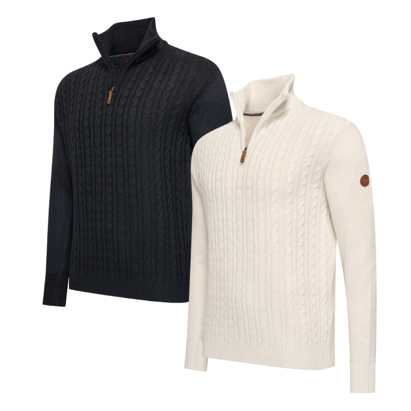 De Norlund Heren Kabeltrui met 1/4e Rits Selt in ecru en marineblauw.