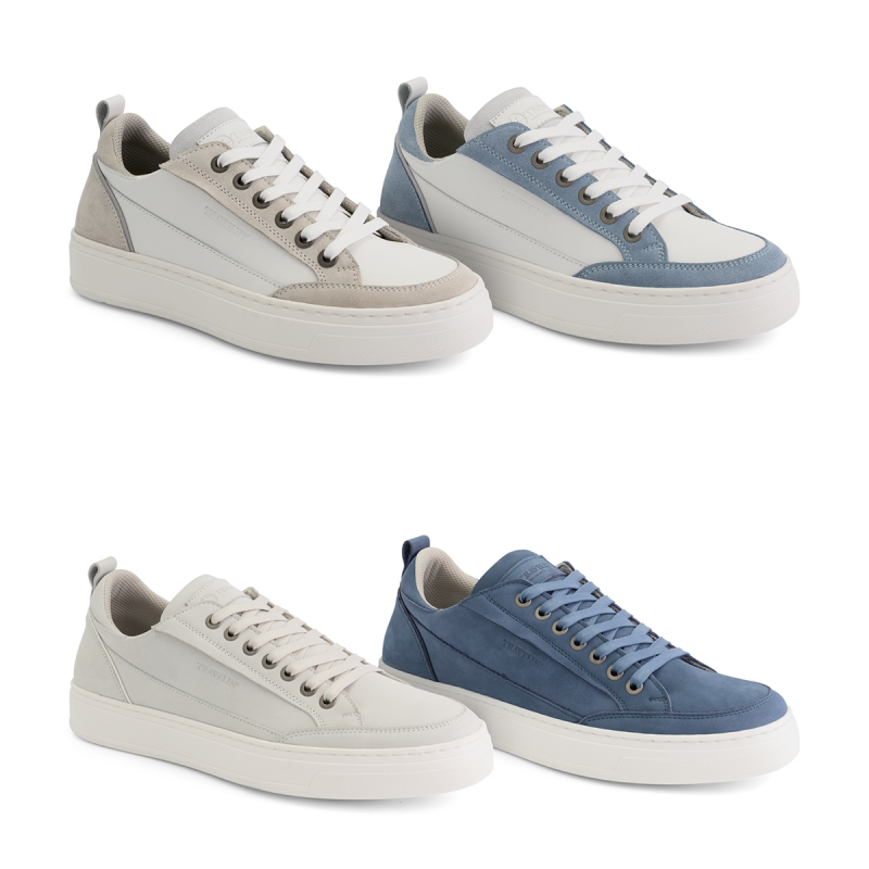De Travelin' Sneakers Camber of Caris in heren en damesmodel in wit en blauw. De Travelin' Sneakers Camber of Caris in heren en damesmodel in wit en blauw.