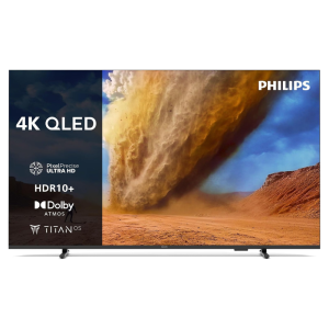 Philips 43PUS7800 4K QLED televisie met dun frame en edge-standaard, vooraanzicht met 4K QLED, HDR10+ en Dolby Atmos ondersteuning.
